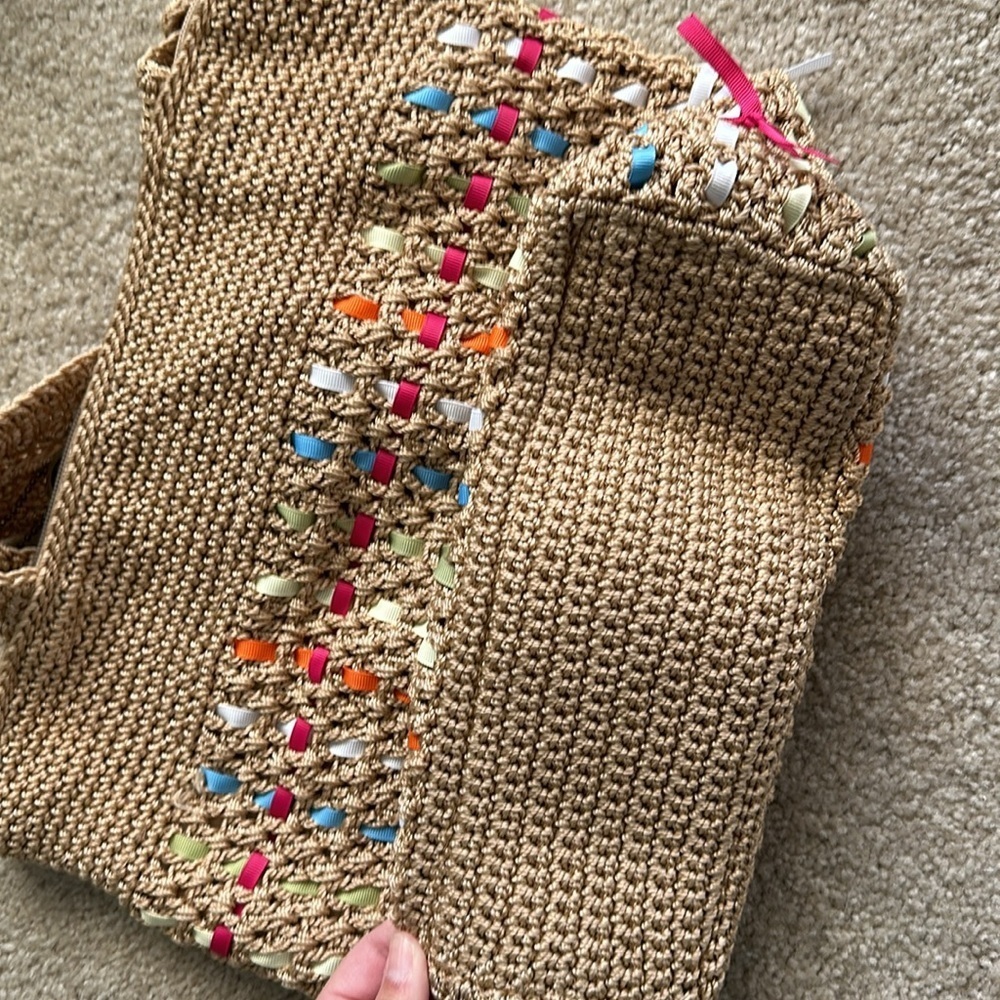 The Sak Y2K 90s Knit Crochet w/ Woven Ribbons Tan & Rainbow Purse. - Picture 10 of 10